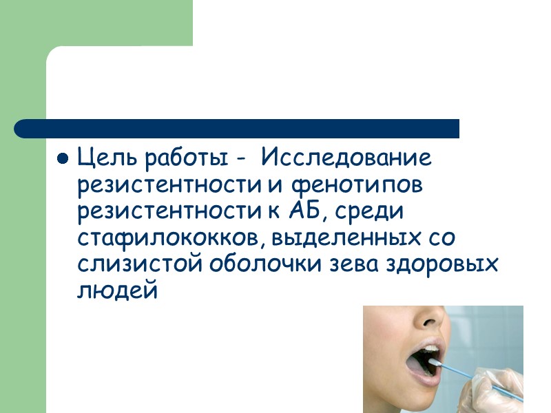 Цель работы -  Исследование резистентности и фенотипов резистентности к АБ, среди стафилококков, выделенных